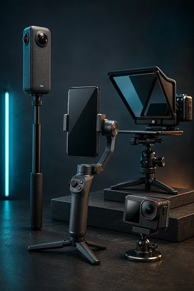 Insta360 camera, teleprompter, DJI Osmo Mobile gimbal, and DJI Osmo Action camera